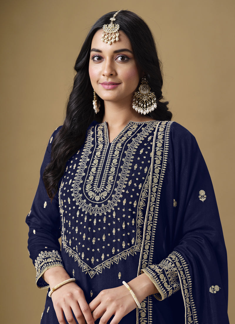 Vegaa Fashion Navy Blue Art Silk Embroidered Designer Palazzo Suit | Grocsy