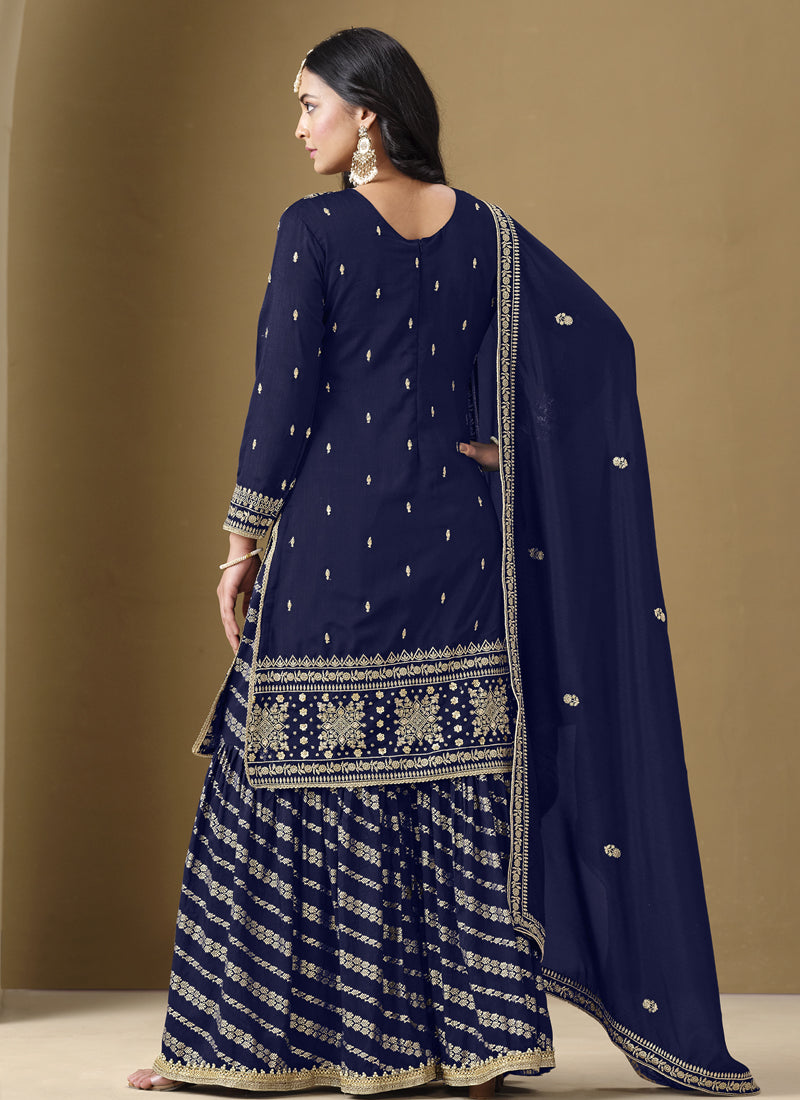 Vegaa Fashion Navy Blue Art Silk Embroidered Designer Palazzo Suit | Grocsy