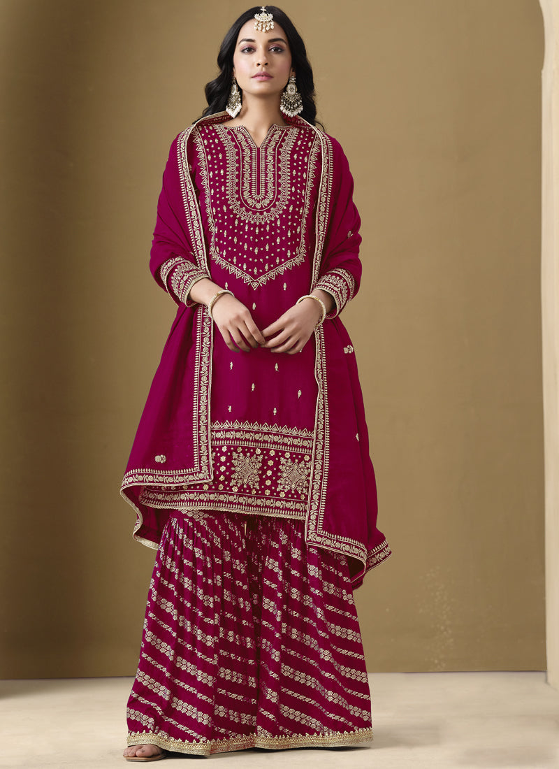 Vegaa Fashion Rani Pink Art Silk Embroidered Designer Palazzo Suit | Grocsy