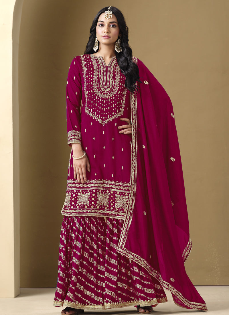 Vegaa Fashion Rani Pink Art Silk Embroidered Designer Palazzo Suit | Grocsy
