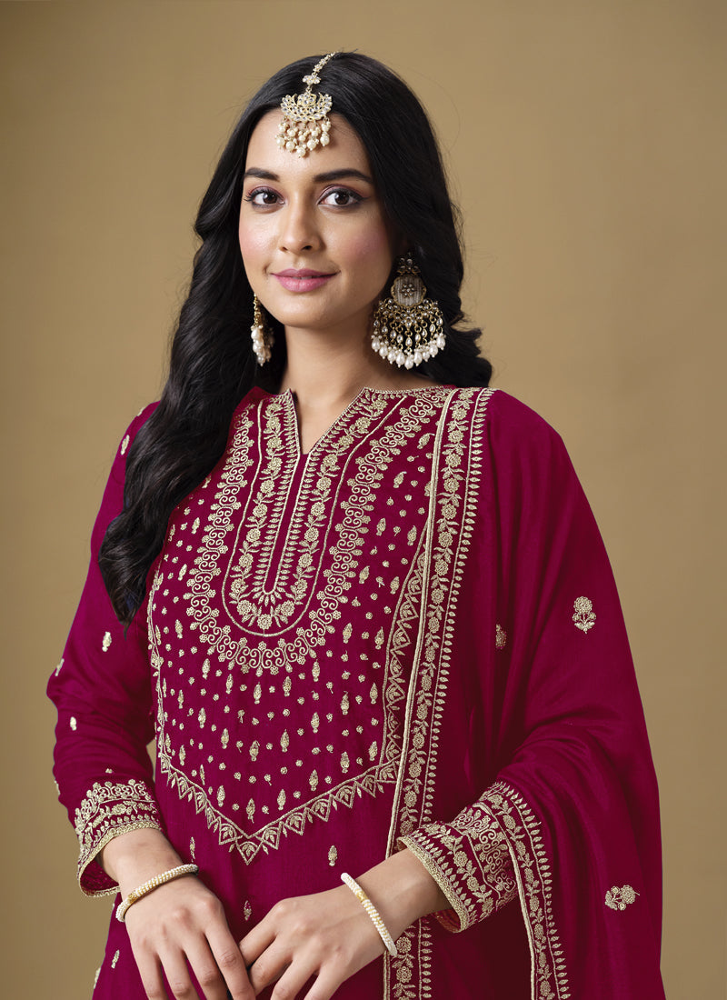 Vegaa Fashion Rani Pink Art Silk Embroidered Designer Palazzo Suit | Grocsy
