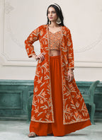 Vegaa Fashion Orange Faux Georgette Embroidered Western Sharara Suit | Grocsy
