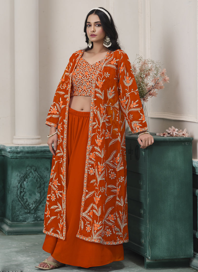 Vegaa Fashion Orange Faux Georgette Embroidered Western Sharara Suit | Grocsy