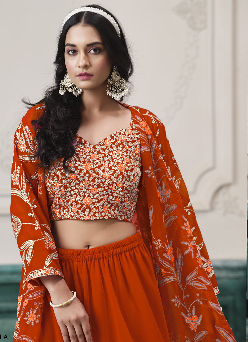 Vegaa Fashion Orange Faux Georgette Embroidered Western Sharara Suit | Grocsy