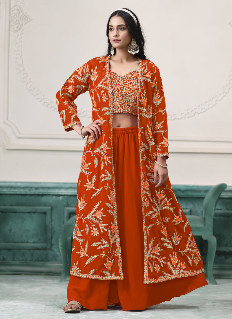 Vegaa Fashion Orange Faux Georgette Embroidered Western Sharara Suit | Grocsy
