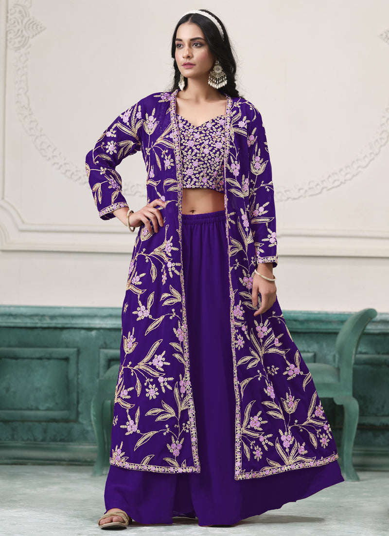 Vegaa Fashion Violet Faux Georgette Embroidered Western Sharara Suit | Grocsy