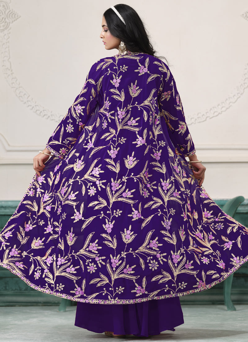 Vegaa Fashion Violet Faux Georgette Embroidered Western Sharara Suit | Grocsy