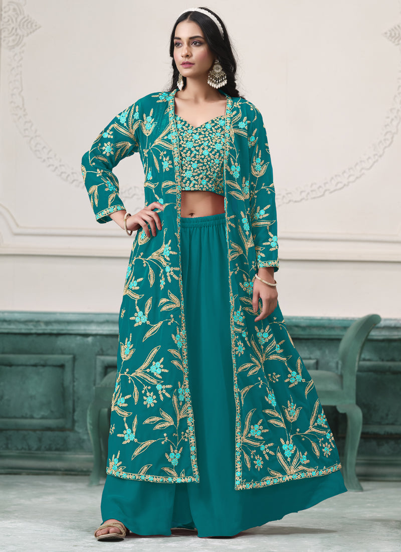Vegaa Fashion Firozi Faux Georgette Embroidered Western Sharara Suit | Grocsy