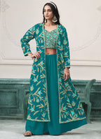 Vegaa Fashion Firozi Faux Georgette Embroidered Western Sharara Suit | Grocsy