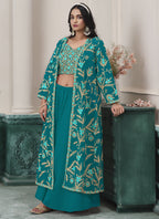 Vegaa Fashion Firozi Faux Georgette Embroidered Western Sharara Suit | Grocsy
