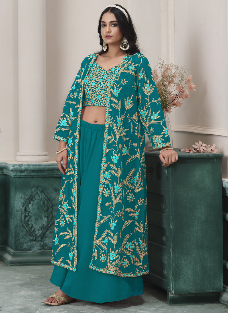 Vegaa Fashion Firozi Faux Georgette Embroidered Western Sharara Suit | Grocsy
