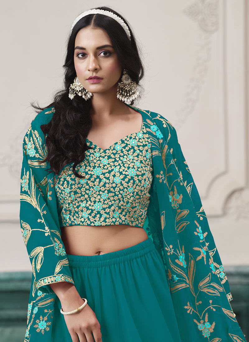 Vegaa Fashion Firozi Faux Georgette Embroidered Western Sharara Suit | Grocsy