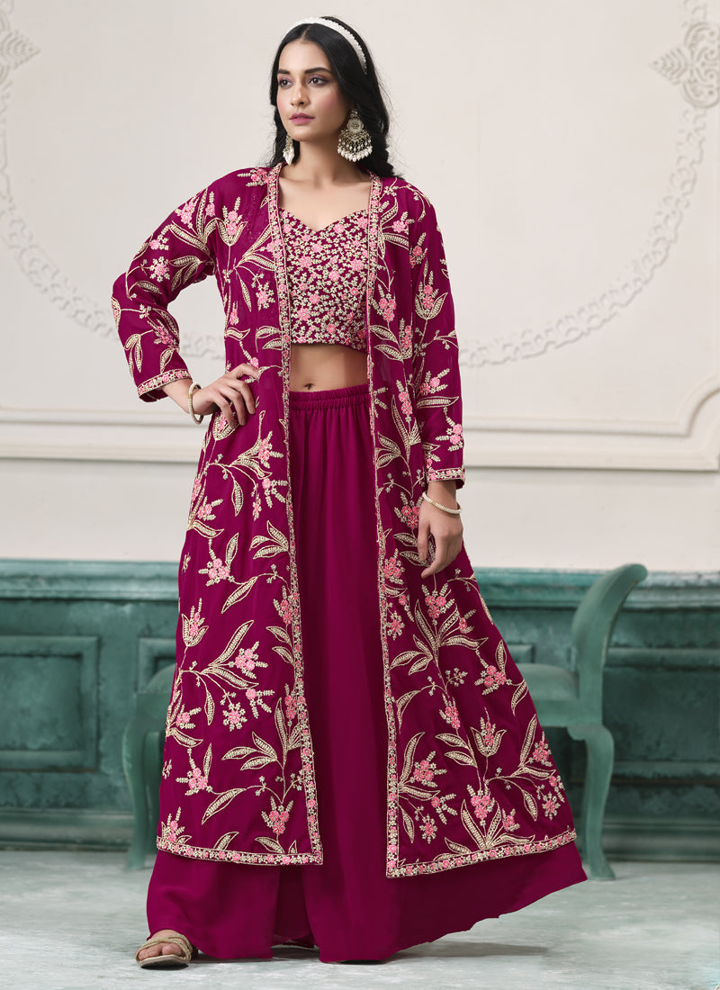 Vegaa Fashion Wine Faux Georgette Embroidered Western Sharara Suit | Grocsy