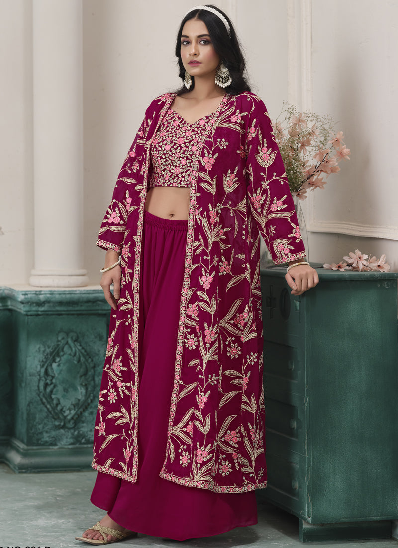 Vegaa Fashion Wine Faux Georgette Embroidered Western Sharara Suit | Grocsy