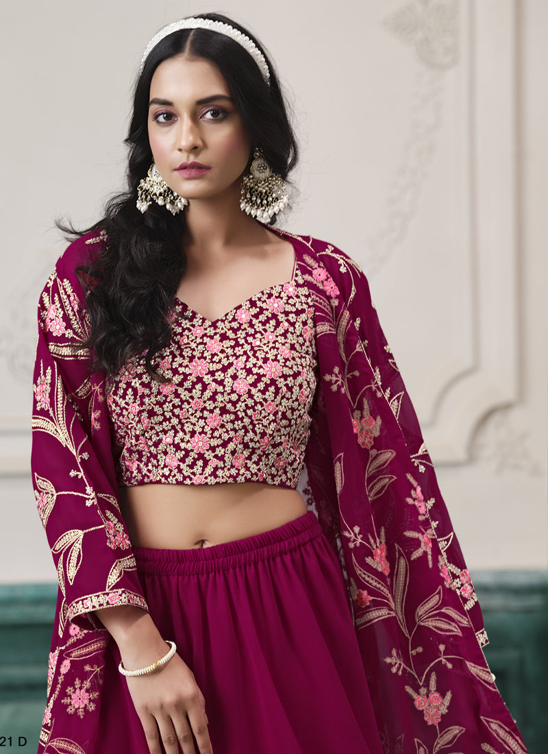 Vegaa Fashion Wine Faux Georgette Embroidered Western Sharara Suit | Grocsy