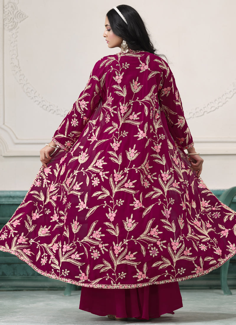 Vegaa Fashion Wine Faux Georgette Embroidered Western Sharara Suit | Grocsy