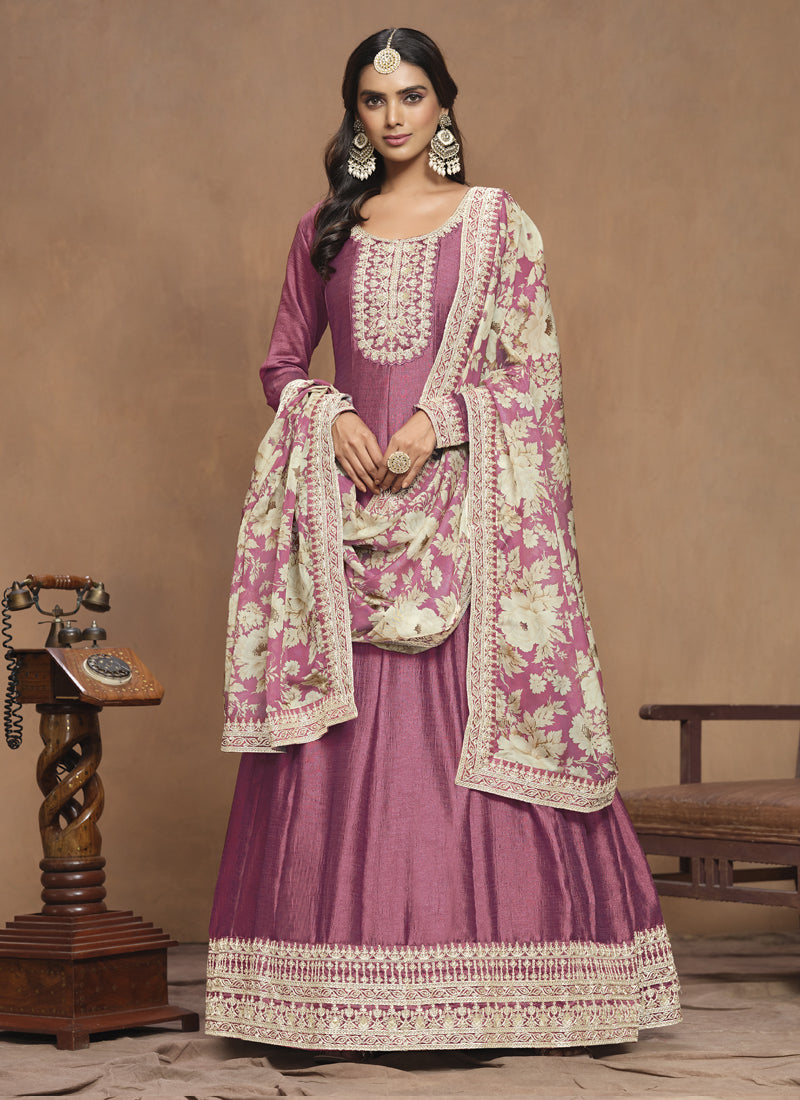 Vegaa Fashion Onion Pink Art Silk Embroidered Anarkali Suit | Grocsy