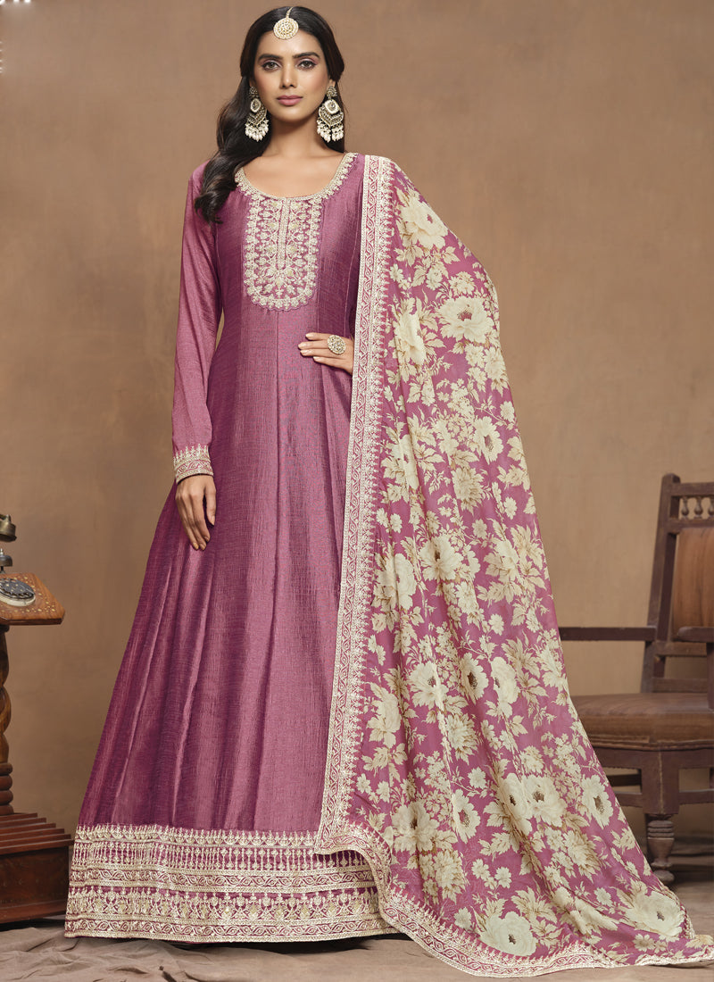 Vegaa Fashion Onion Pink Art Silk Embroidered Anarkali Suit | Grocsy