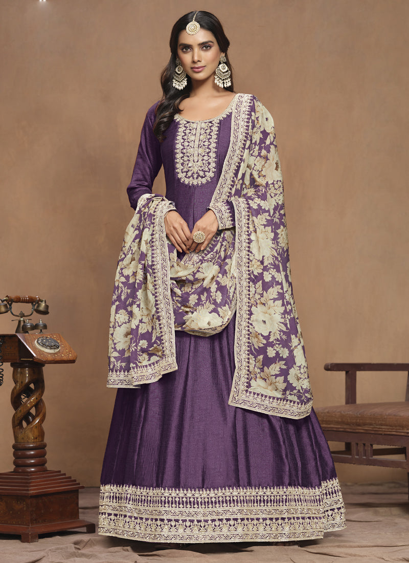 Vegaa Fashion Purple Art Silk Embroidered Anarkali Suit | Grocsy