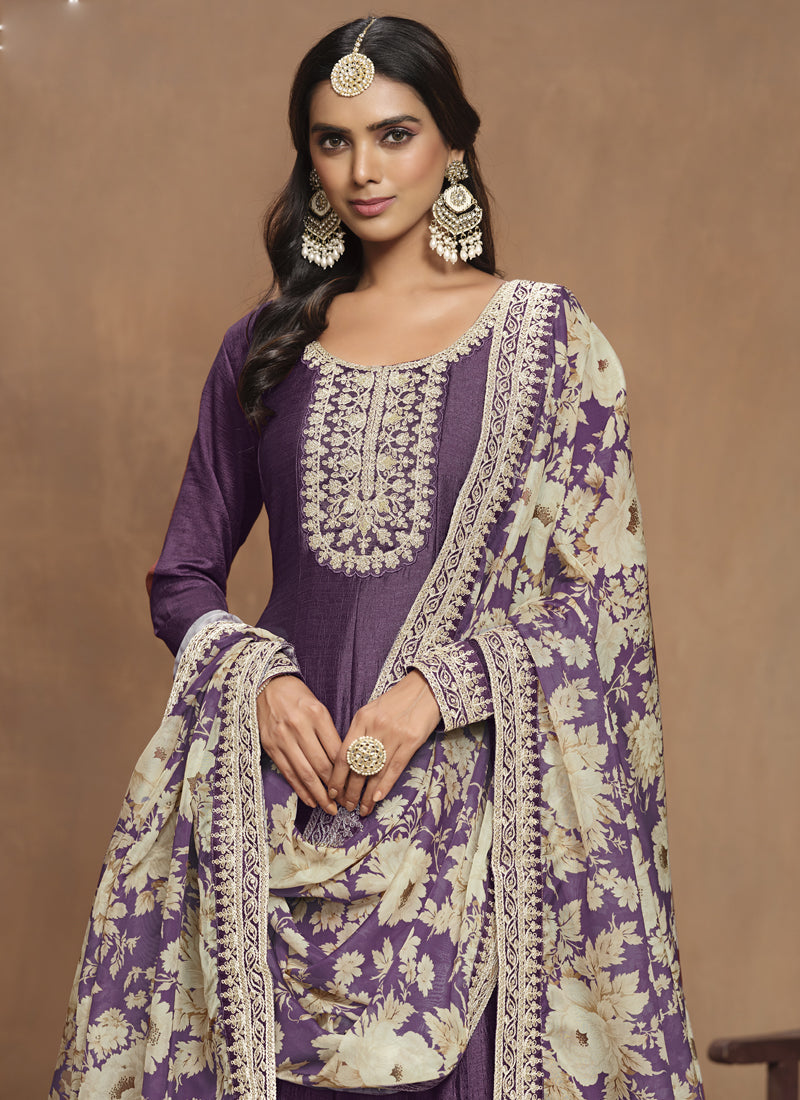 Vegaa Fashion Purple Art Silk Embroidered Anarkali Suit | Grocsy