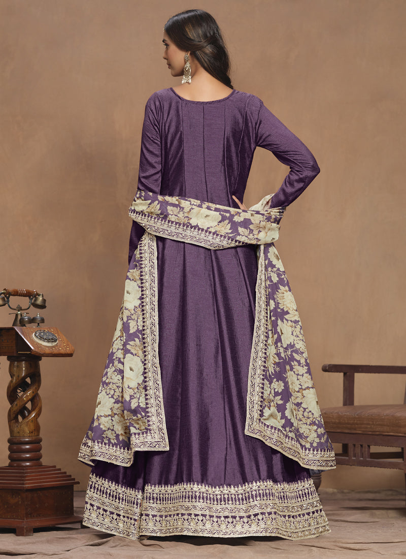 Vegaa Fashion Purple Art Silk Embroidered Anarkali Suit | Grocsy