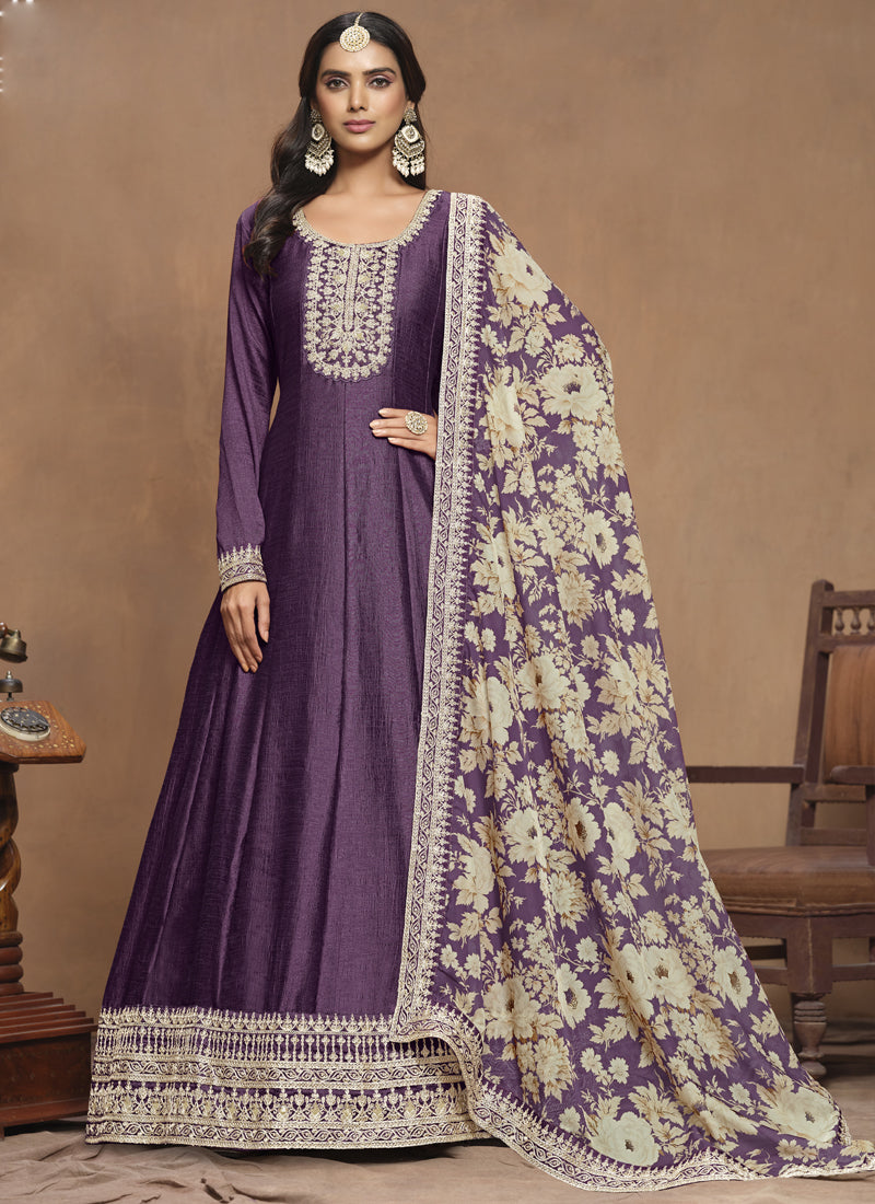 Vegaa Fashion Purple Art Silk Embroidered Anarkali Suit | Grocsy