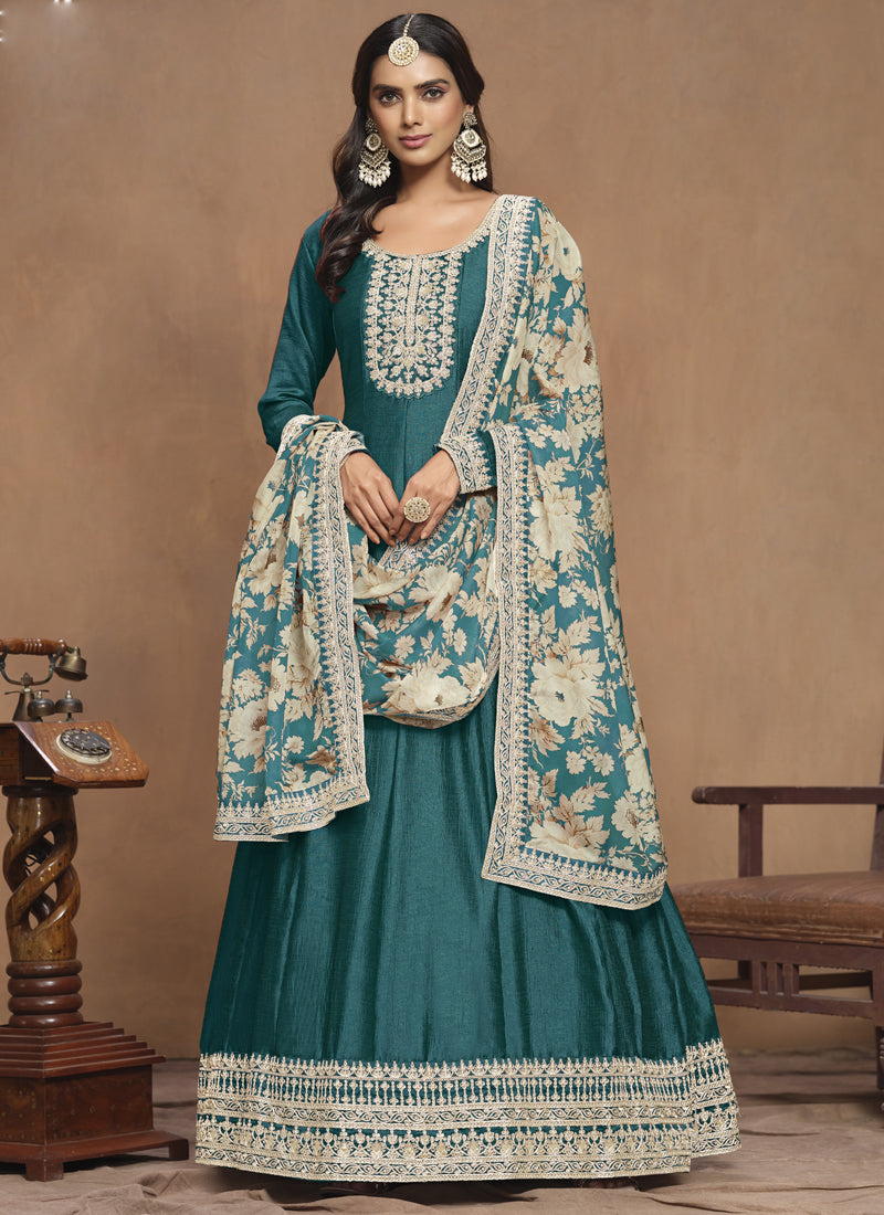 Vegaa Fashion Turquoise Art Silk Embroidered Anarkali Suit | Grocsy