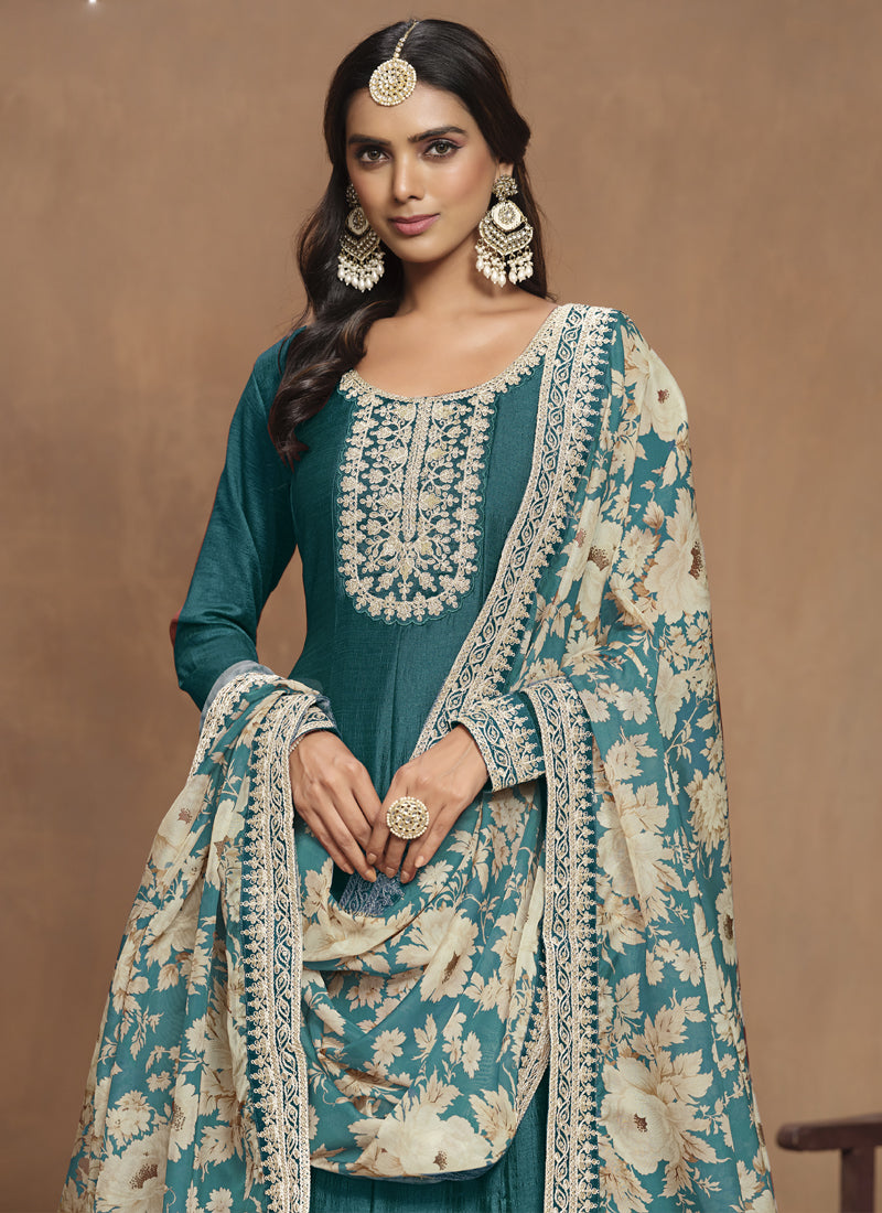 Vegaa Fashion Turquoise Art Silk Embroidered Anarkali Suit | Grocsy