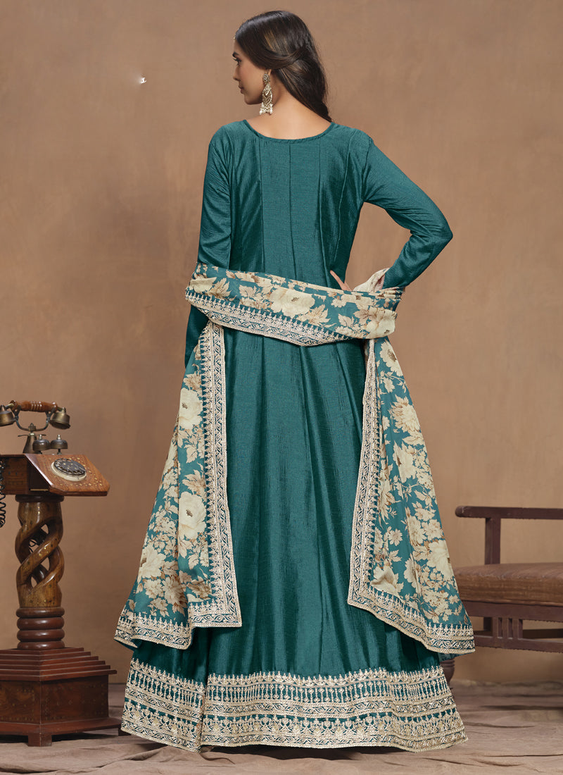 Vegaa Fashion Turquoise Art Silk Embroidered Anarkali Suit | Grocsy