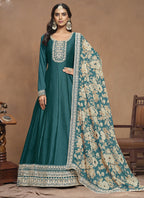 Vegaa Fashion Turquoise Art Silk Embroidered Anarkali Suit | Grocsy