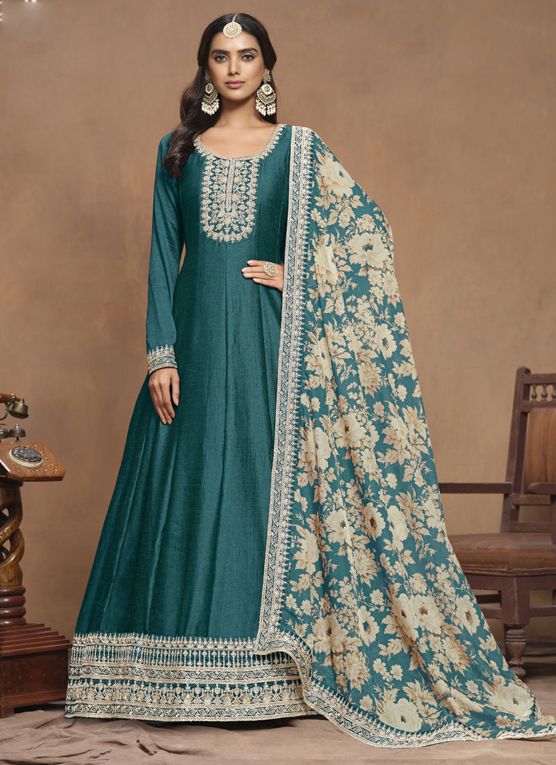 Vegaa Fashion Turquoise Art Silk Embroidered Anarkali Suit | Grocsy
