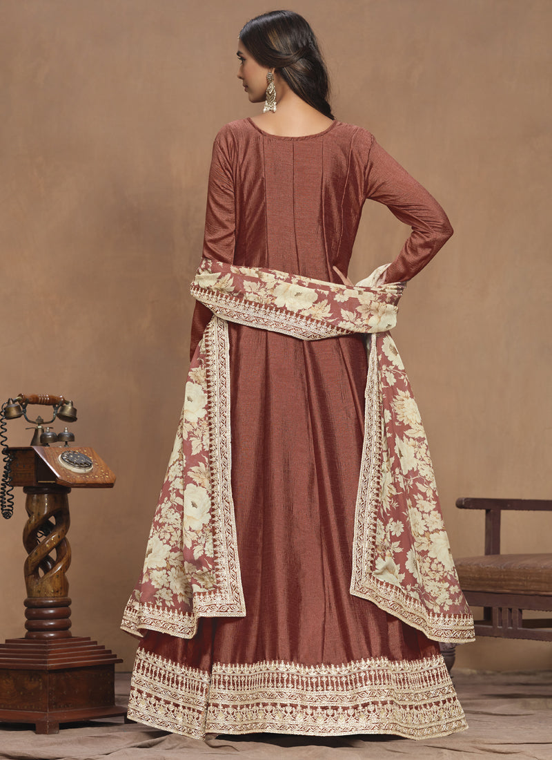 Vegaa Fashion Brown Art Silk Embroidered Anarkali Suit | Grocsy