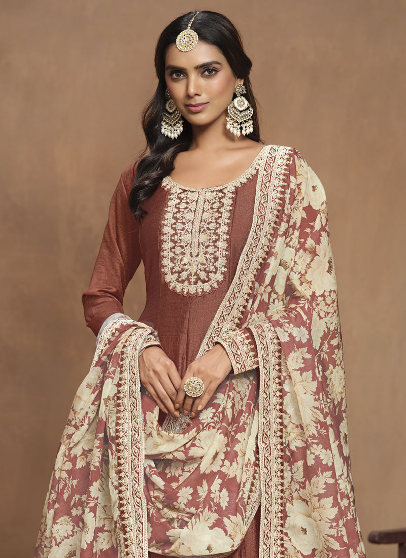 Vegaa Fashion Brown Art Silk Embroidered Anarkali Suit | Grocsy