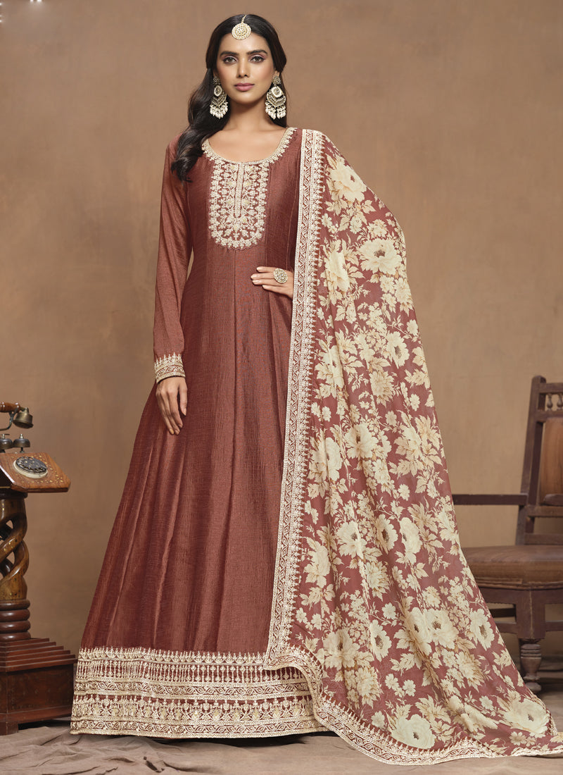Vegaa Fashion Brown Art Silk Embroidered Anarkali Suit | Grocsy