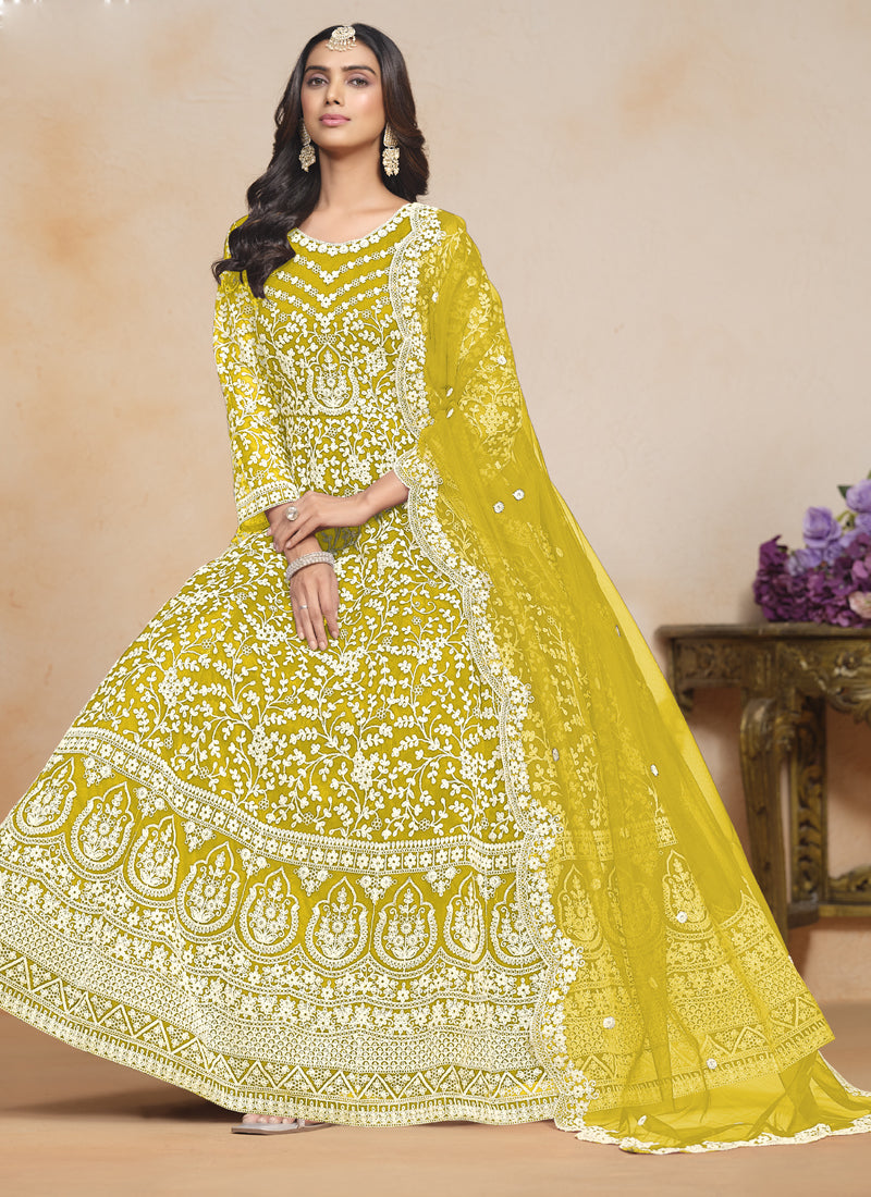 Vegaa Fashion Yellow Net Embroidered Designer Anarkali Suit | Grocsy