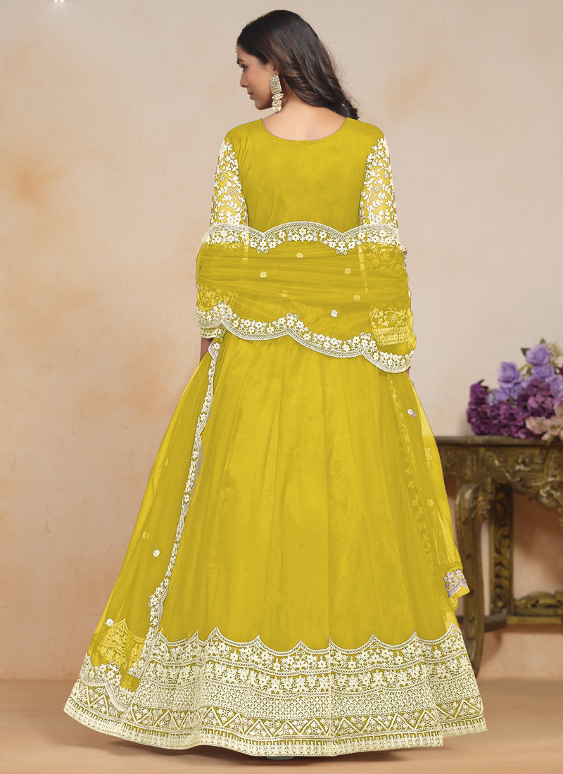 Vegaa Fashion Yellow Net Embroidered Designer Anarkali Suit | Grocsy