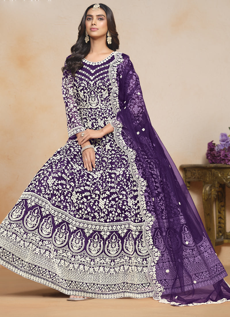 Vegaa Fashion Violet Net Embroidered Designer Anarkali Suit | Grocsy