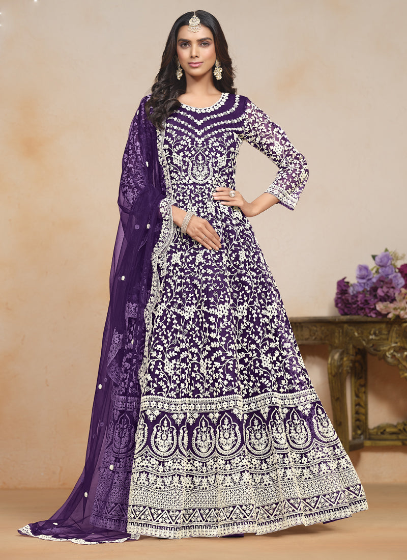 Vegaa Fashion Violet Net Embroidered Designer Anarkali Suit | Grocsy