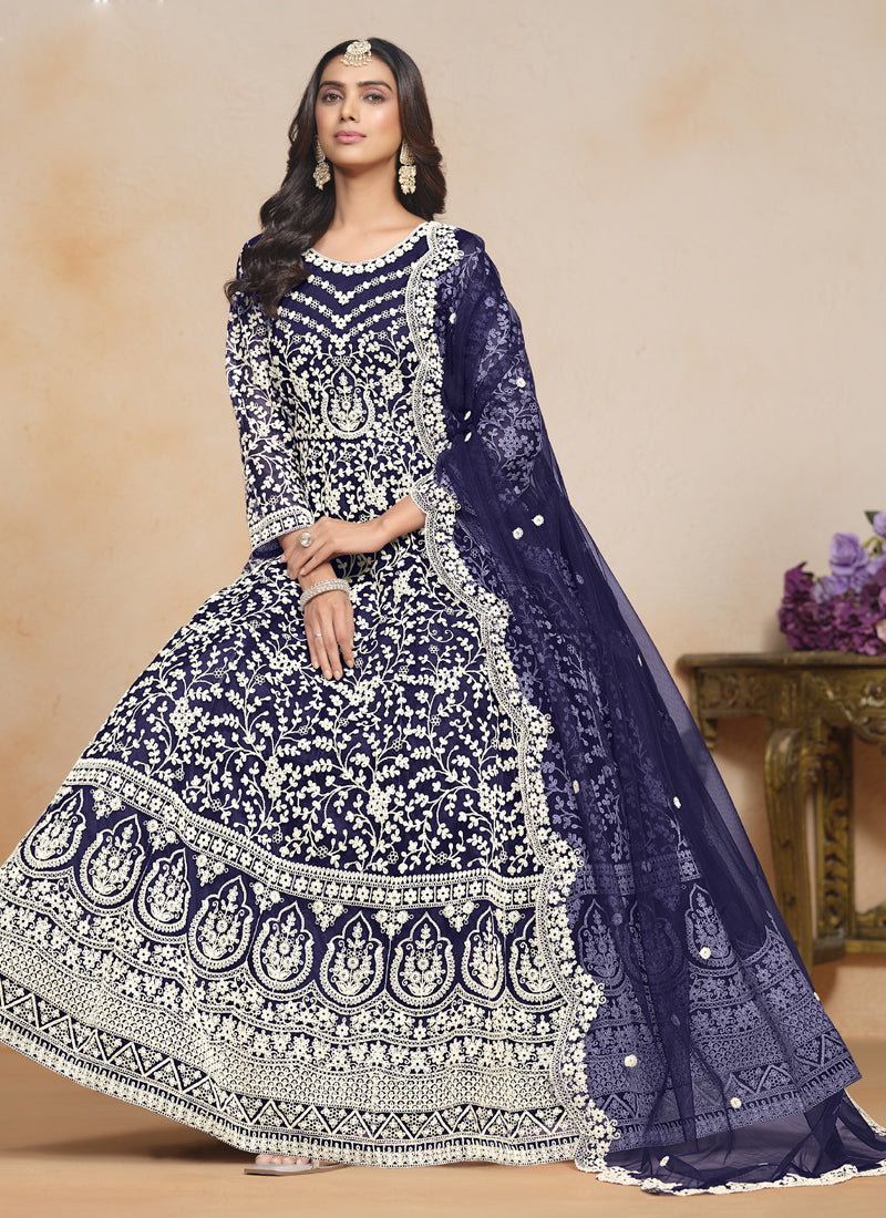 Vegaa Fashion Blue Net Embroidered Designer Anarkali Suit | Grocsy