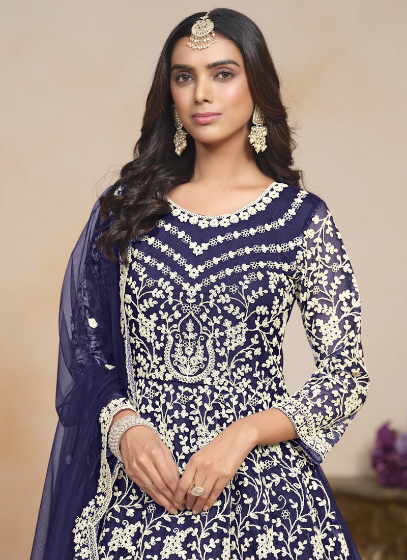 Vegaa Fashion Blue Net Embroidered Designer Anarkali Suit | Grocsy