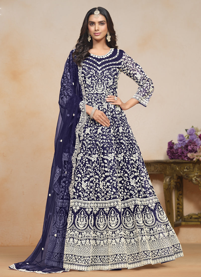 Vegaa Fashion Blue Net Embroidered Designer Anarkali Suit | Grocsy