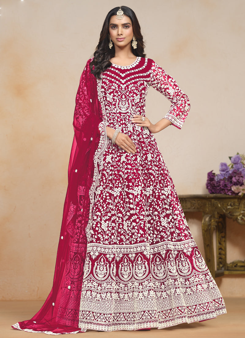 Vegaa Fashion Pink Net Embroidered Designer Anarkali Suit | Grocsy