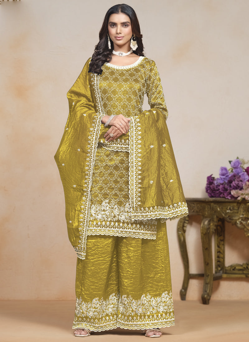 Vegaa Fashion Yellow Silk Embroidered Designer Palazzo Suit | Grocsy