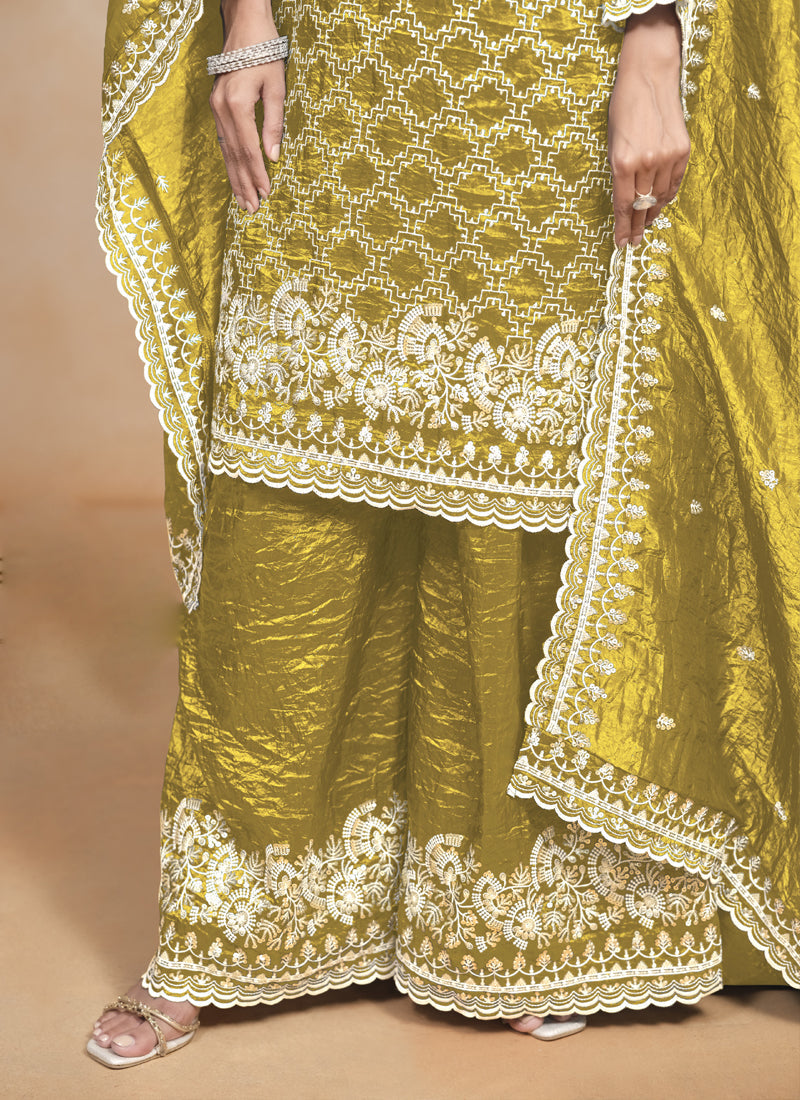 Vegaa Fashion Yellow Silk Embroidered Designer Palazzo Suit | Grocsy