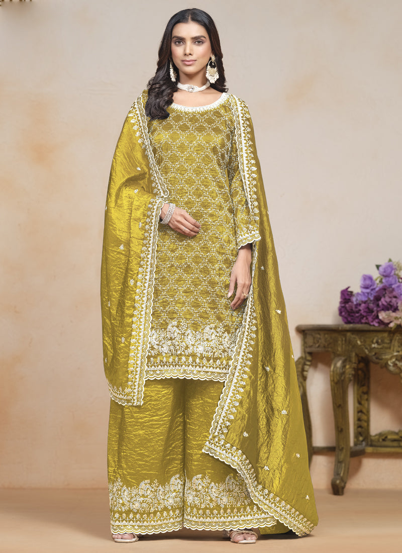 Vegaa Fashion Yellow Silk Embroidered Designer Palazzo Suit | Grocsy