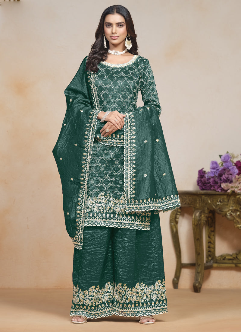 Vegaa Fashion Teal Green Silk Embroidered Designer Palazzo Suit | Grocsy