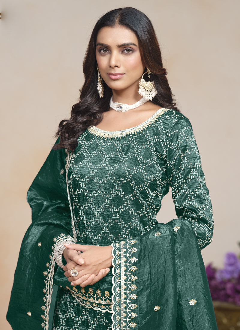 Vegaa Fashion Teal Green Silk Embroidered Designer Palazzo Suit | Grocsy