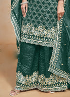 Vegaa Fashion Teal Green Silk Embroidered Designer Palazzo Suit | Grocsy