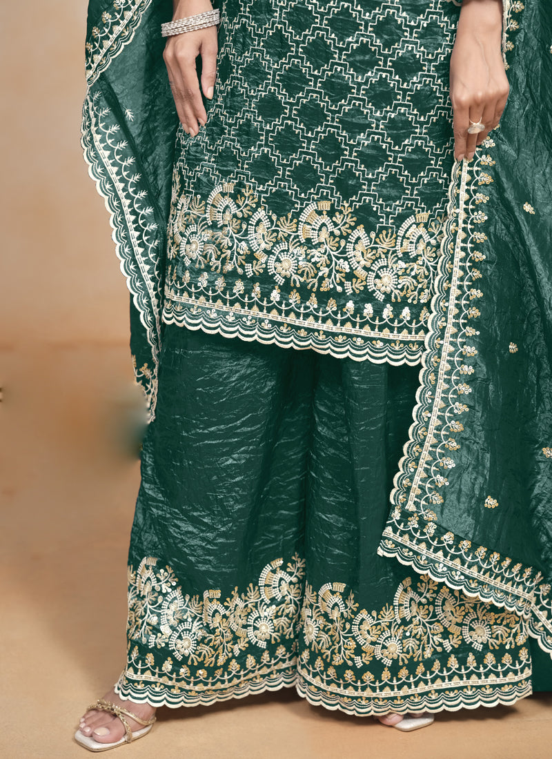Vegaa Fashion Teal Green Silk Embroidered Designer Palazzo Suit | Grocsy