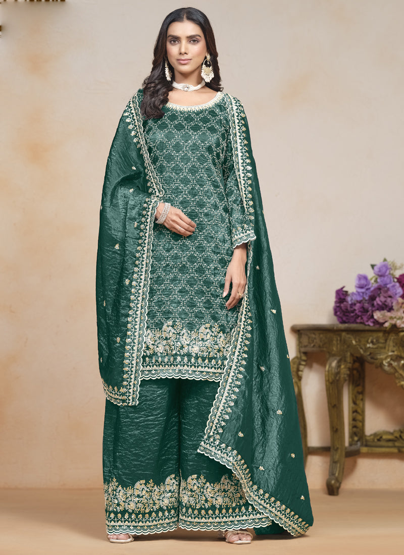 Vegaa Fashion Teal Green Silk Embroidered Designer Palazzo Suit | Grocsy